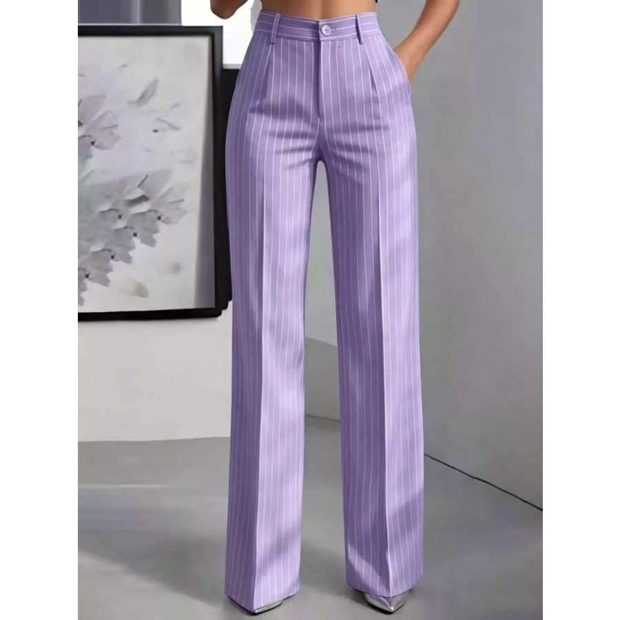 High-Waisted Striped Wide-Leg Pants Lavender Purple / XS Apparel and Accessories