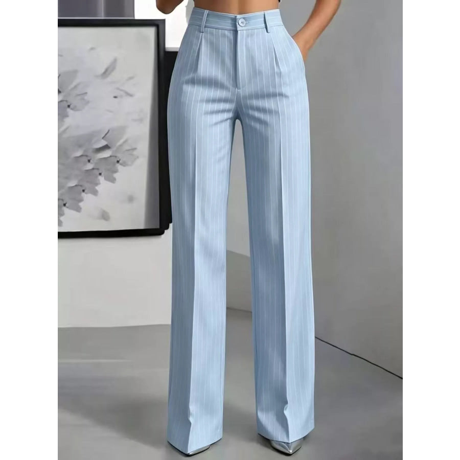 High-Waisted Striped Wide-Leg Pants Light Blue / XS Apparel and Accessories