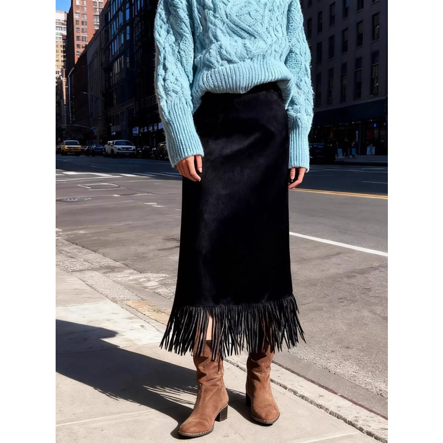High-Waisted Suede Fringe Midi Skirt Black / S