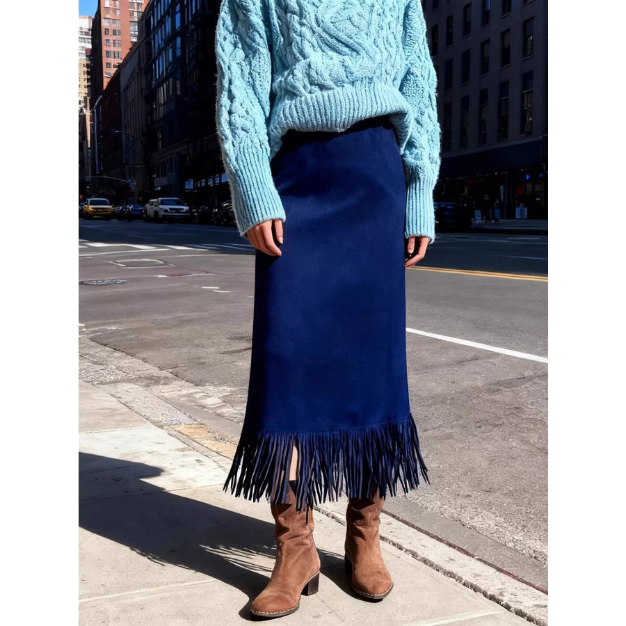High-Waisted Suede Fringe Midi Skirt Dark Blue / S