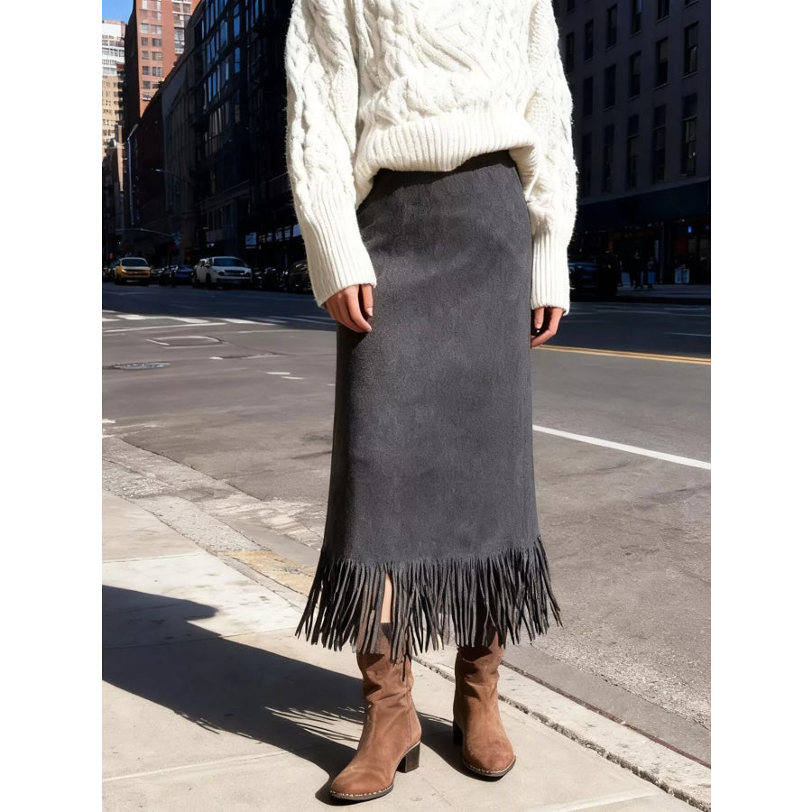 High-Waisted Suede Fringe Midi Skirt Dark Gray / S