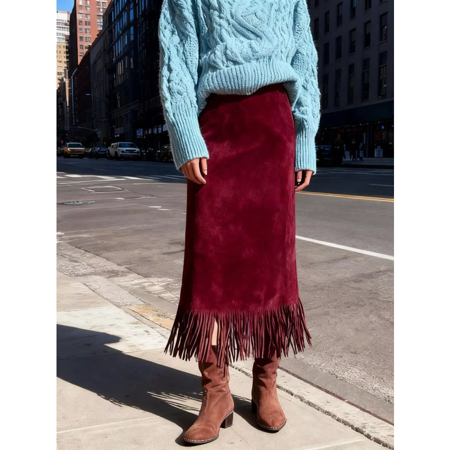 High-Waisted Suede Fringe Midi Skirt Deep Red / S