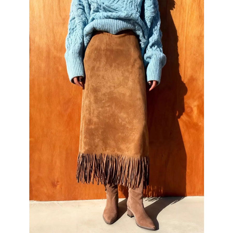 High-Waisted Suede Fringe Midi Skirt Light Brown / S