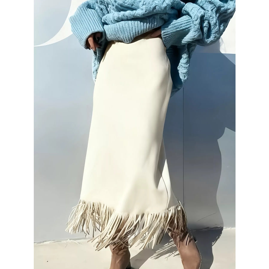 High-Waisted Suede Fringe Midi Skirt Off-white / S