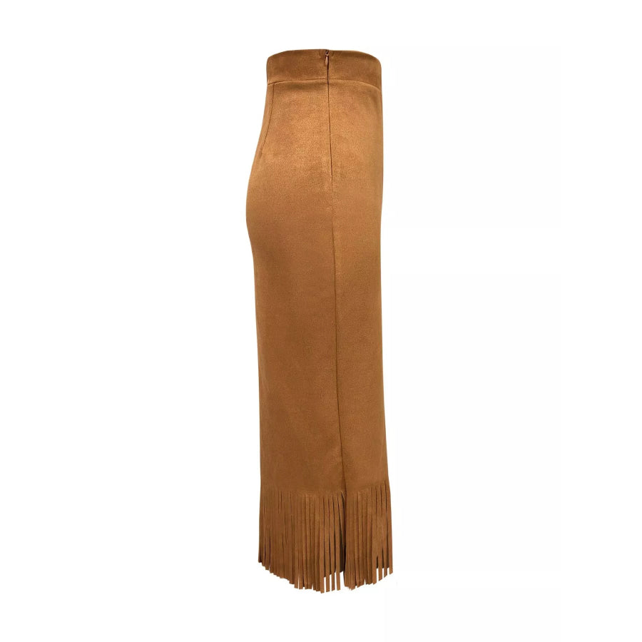 High-Waisted Suede Fringe Midi Skirt