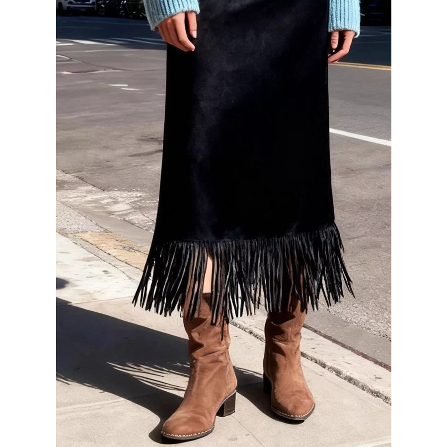 High-Waisted Suede Fringe Midi Skirt