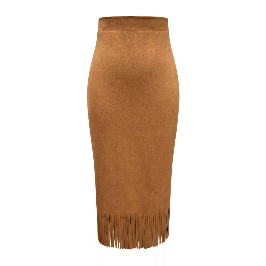High-Waisted Suede Fringe Midi Skirt