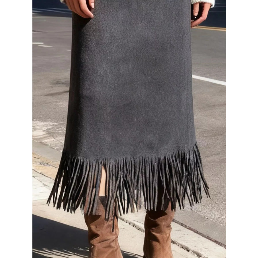 High-Waisted Suede Fringe Midi Skirt