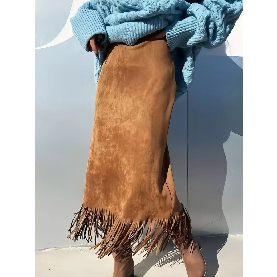 High-Waisted Suede Fringe Midi Skirt