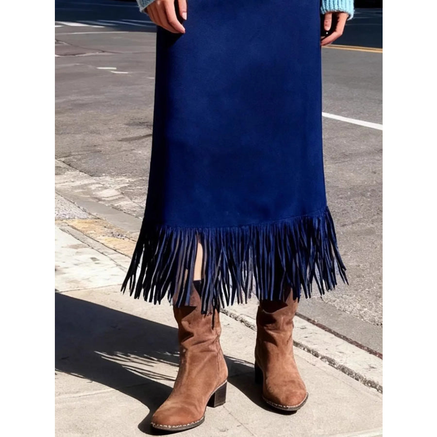 High-Waisted Suede Fringe Midi Skirt