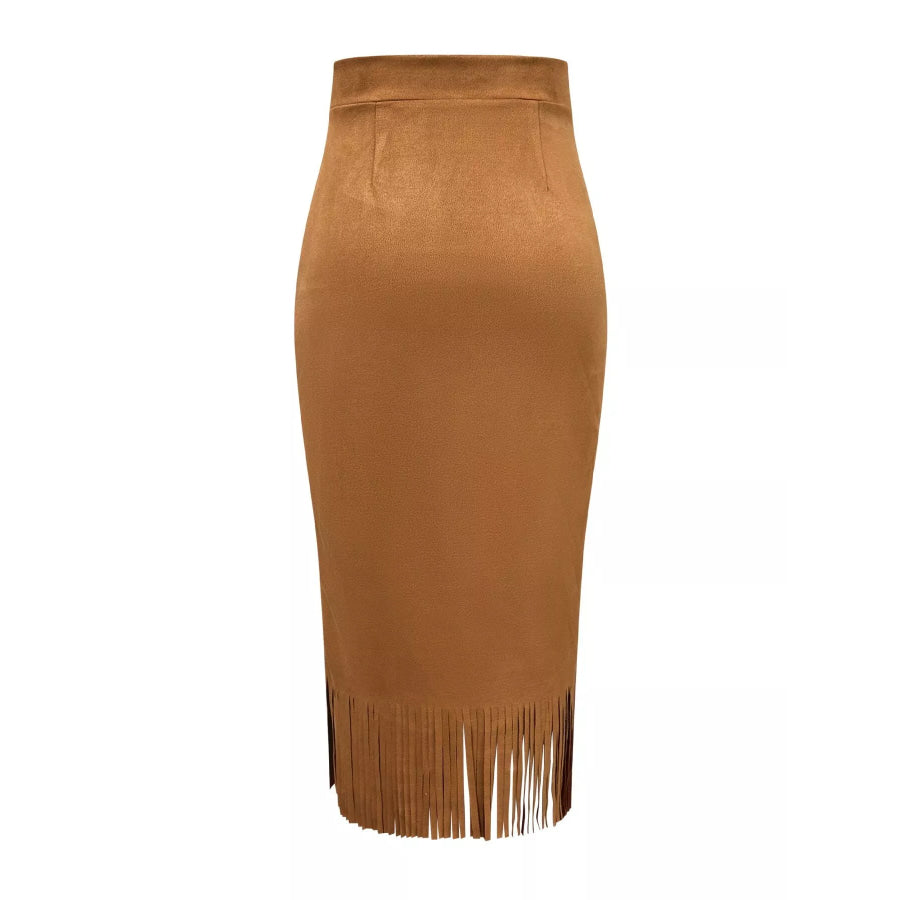 High-Waisted Suede Fringe Midi Skirt