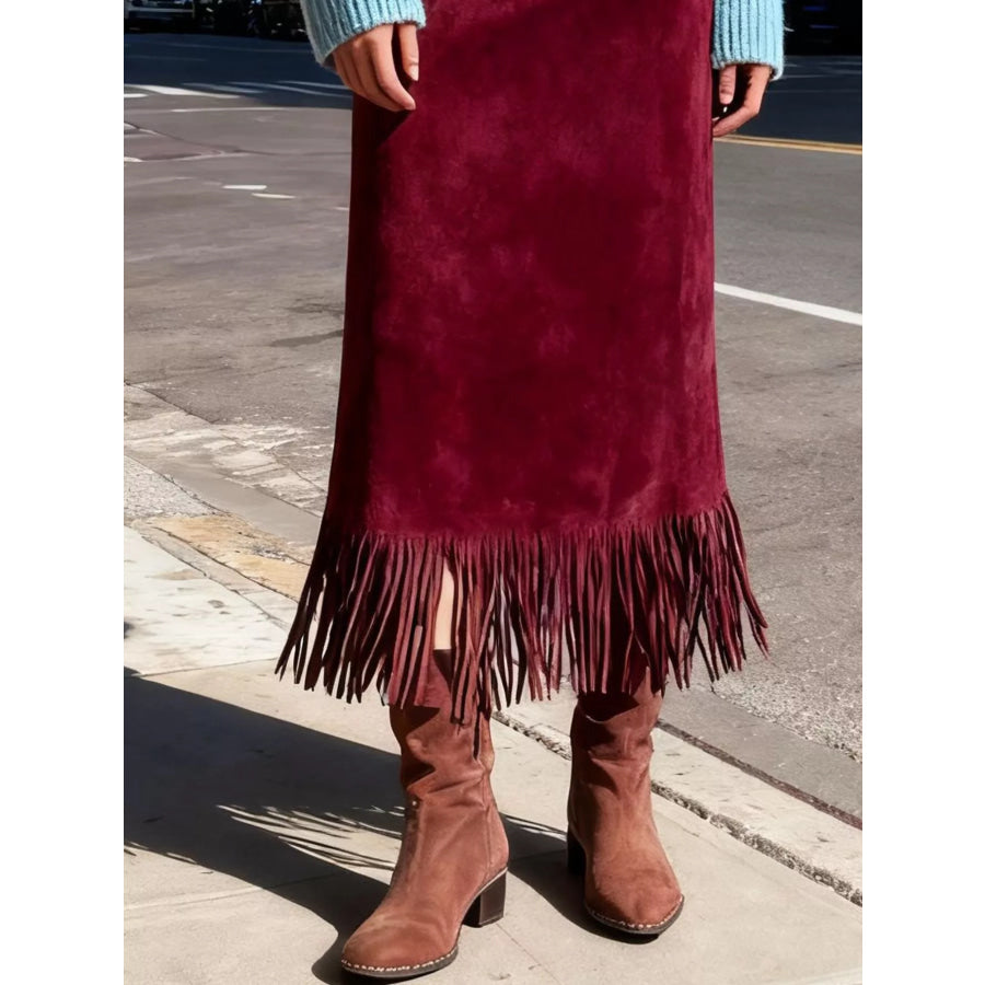 High-Waisted Suede Fringe Midi Skirt