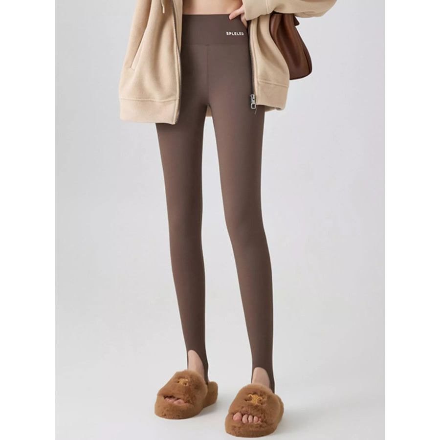 High-Waisted Tummy Control Stirrup Leggings with Fleece-Lined Dark Coffee - M Apparel and Accessories