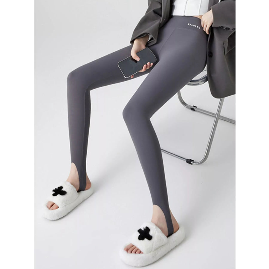 High-Waisted Tummy Control Stirrup Leggings with Fleece-Lined Gray - M Apparel and Accessories