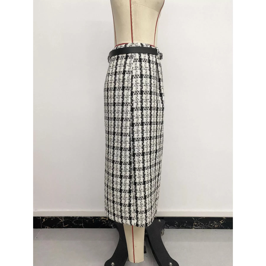 High-Waisted Tweed Plaid Midi Skirt Apparel and Accessories