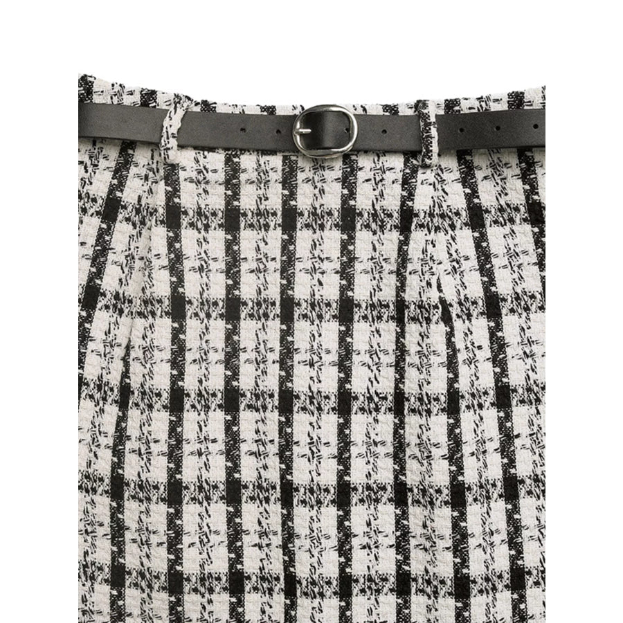High-Waisted Tweed Plaid Midi Skirt Apparel and Accessories
