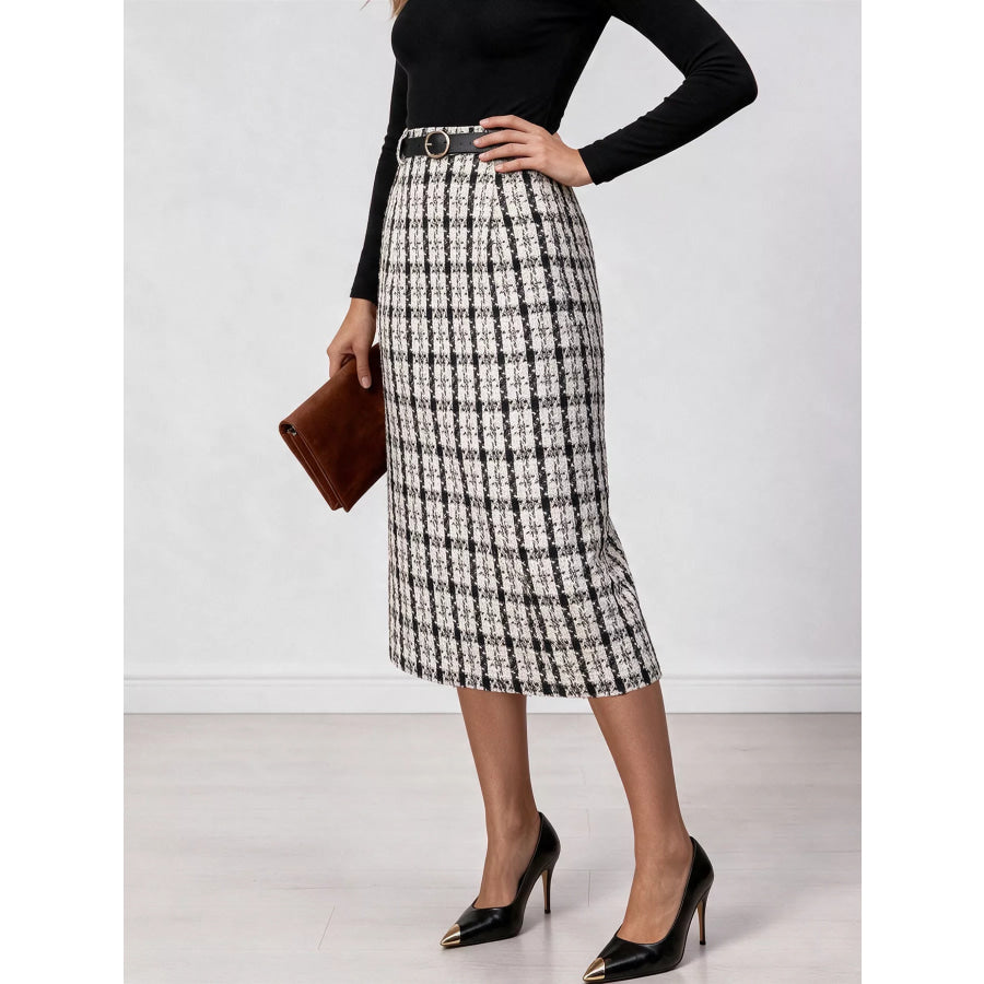 High-Waisted Tweed Plaid Midi Skirt Apparel and Accessories