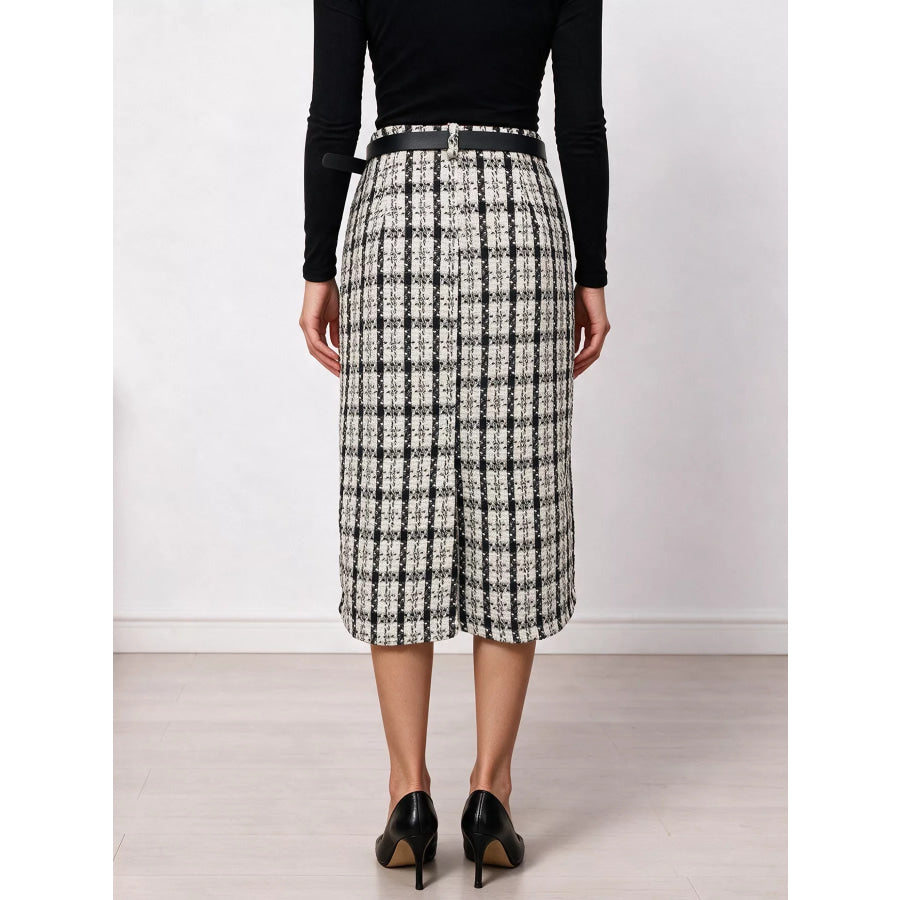 High-Waisted Tweed Plaid Midi Skirt Apparel and Accessories