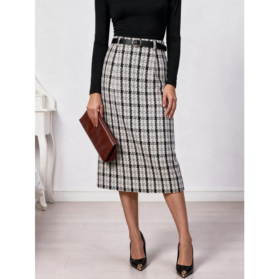 High-Waisted Tweed Plaid Midi Skirt Apparel and Accessories