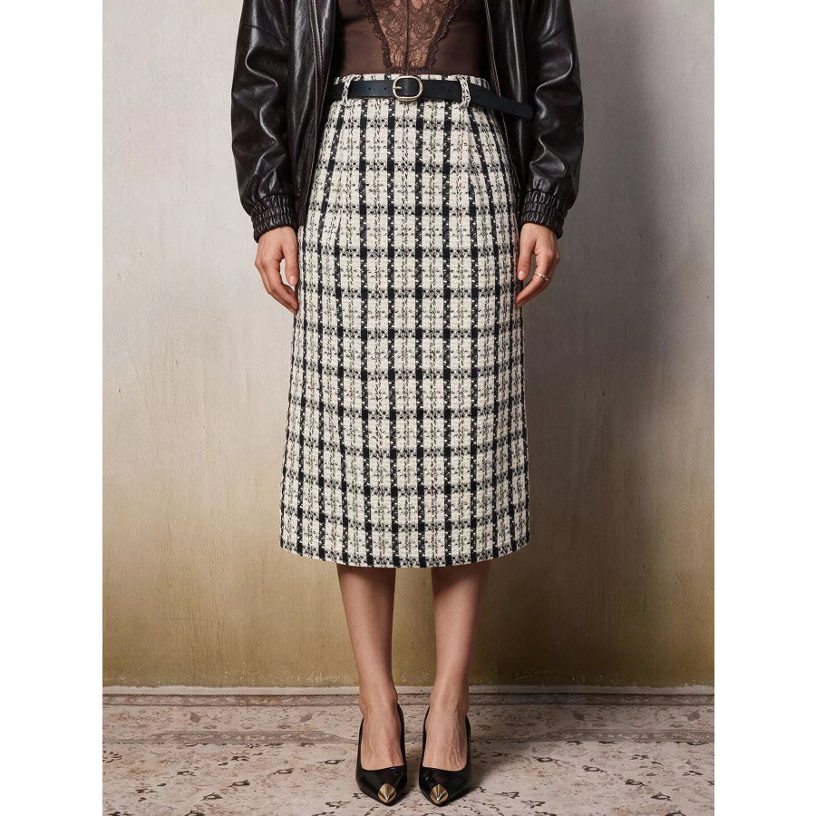 High-Waisted Tweed Plaid Midi Skirt Apparel and Accessories