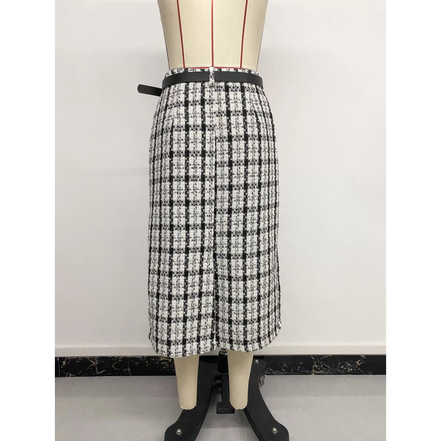 High-Waisted Tweed Plaid Midi Skirt Apparel and Accessories