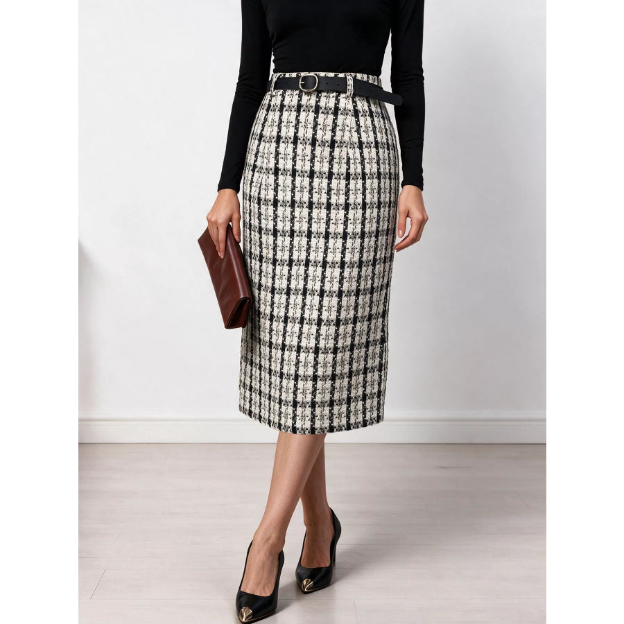 High-Waisted Tweed Plaid Midi Skirt Apparel and Accessories