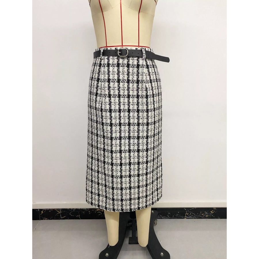 High-Waisted Tweed Plaid Midi Skirt Apparel and Accessories