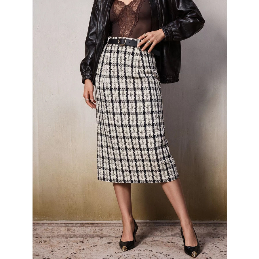 High-Waisted Tweed Plaid Midi Skirt Black / S Apparel and Accessories