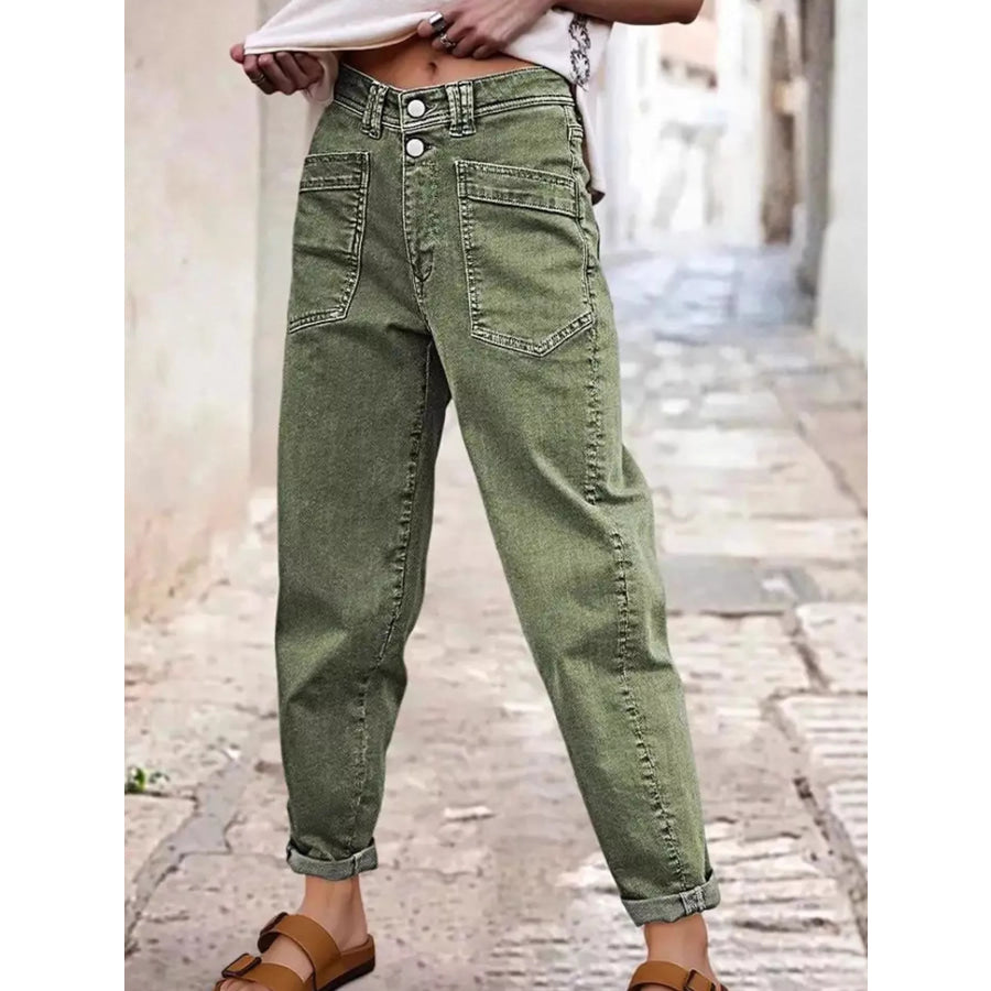 High-Waisted Utility Patch Pocket Jeans Apparel and Accessories