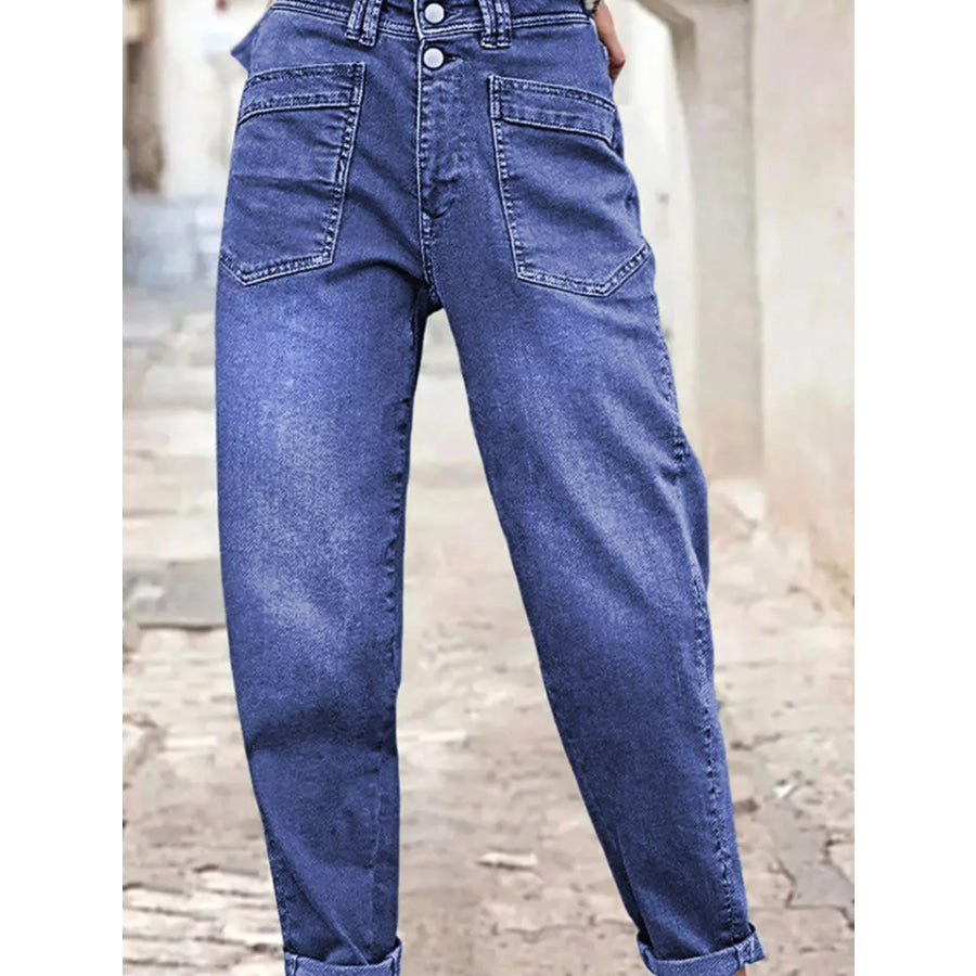 High-Waisted Utility Patch Pocket Jeans Blue / S Apparel and Accessories