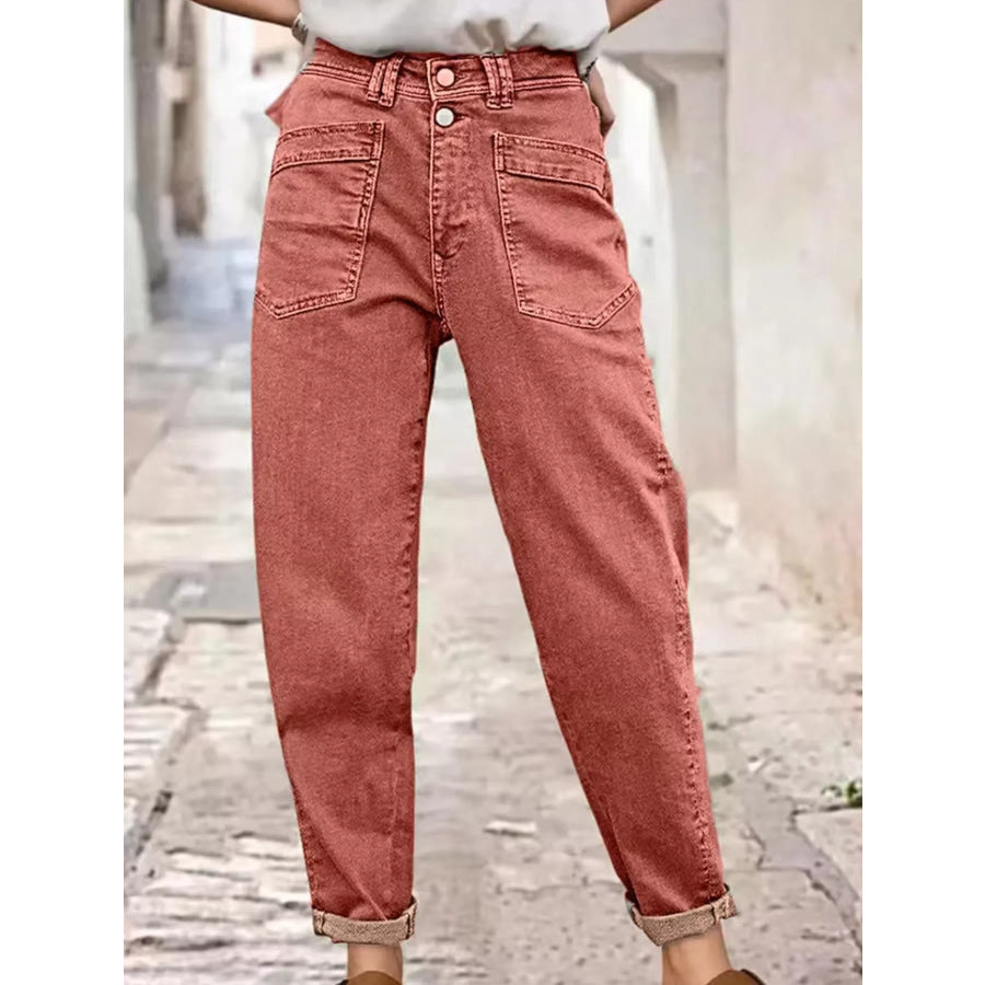 High-Waisted Utility Patch Pocket Jeans Brick Red / S Apparel and Accessories