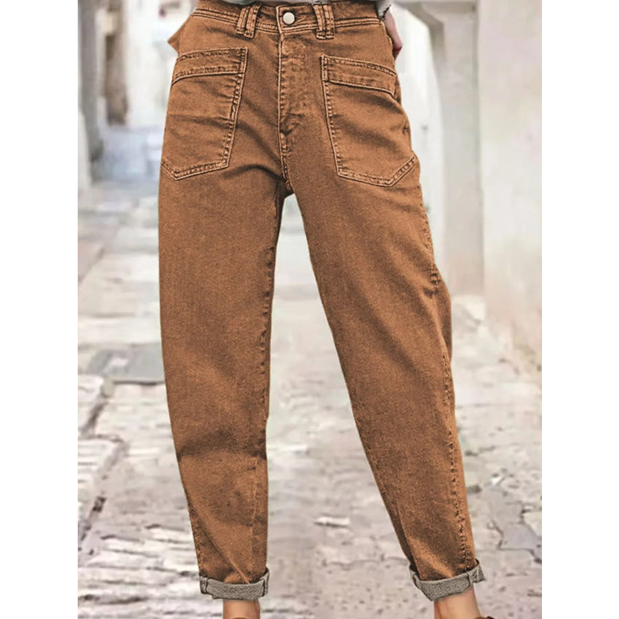 High-Waisted Utility Patch Pocket Jeans Coffee Red / S Apparel and Accessories