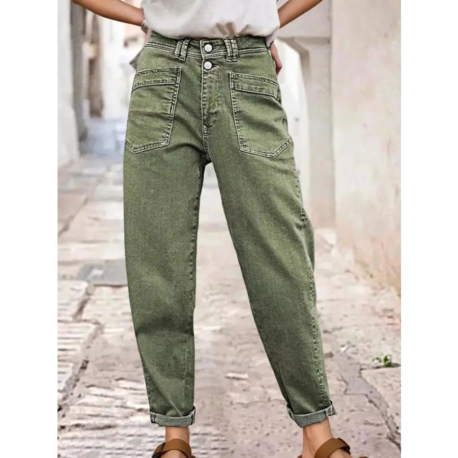 High-Waisted Utility Patch Pocket Jeans Green / S Apparel and Accessories
