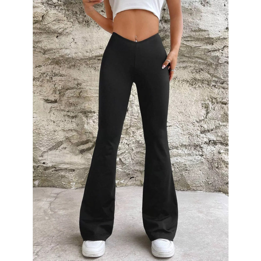 High-Waisted V-Cut Flare Leg Pants Black / S Apparel and Accessories