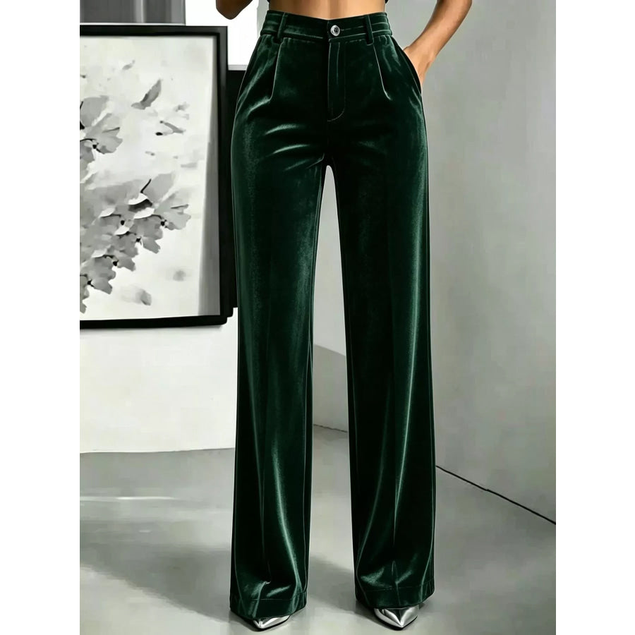 High-Waisted Velvet Wide-Leg Pants Dark Green / XS Apparel and Accessories