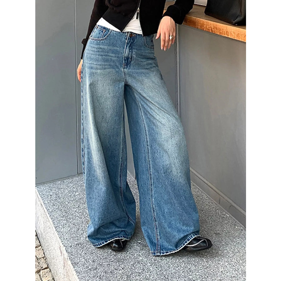 High-Waisted Vintage Wash Wide-Leg Jeans Blue-Long Pants-SLKK A531# / XS Apparel and Accessories