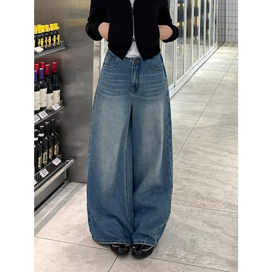 High-Waisted Vintage Wash Wide-Leg Jeans Blue-Long Pants-SLKK A531# / XS Apparel and Accessories