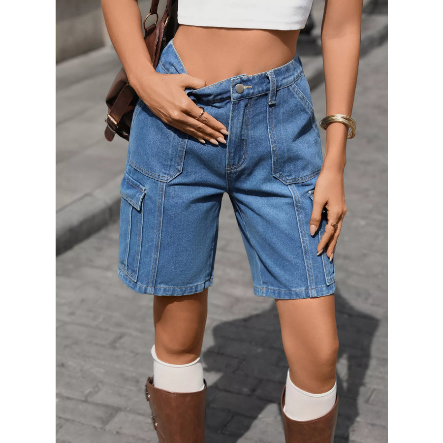 High-Waisted Wash Denim Shorts Apparel and Accessories