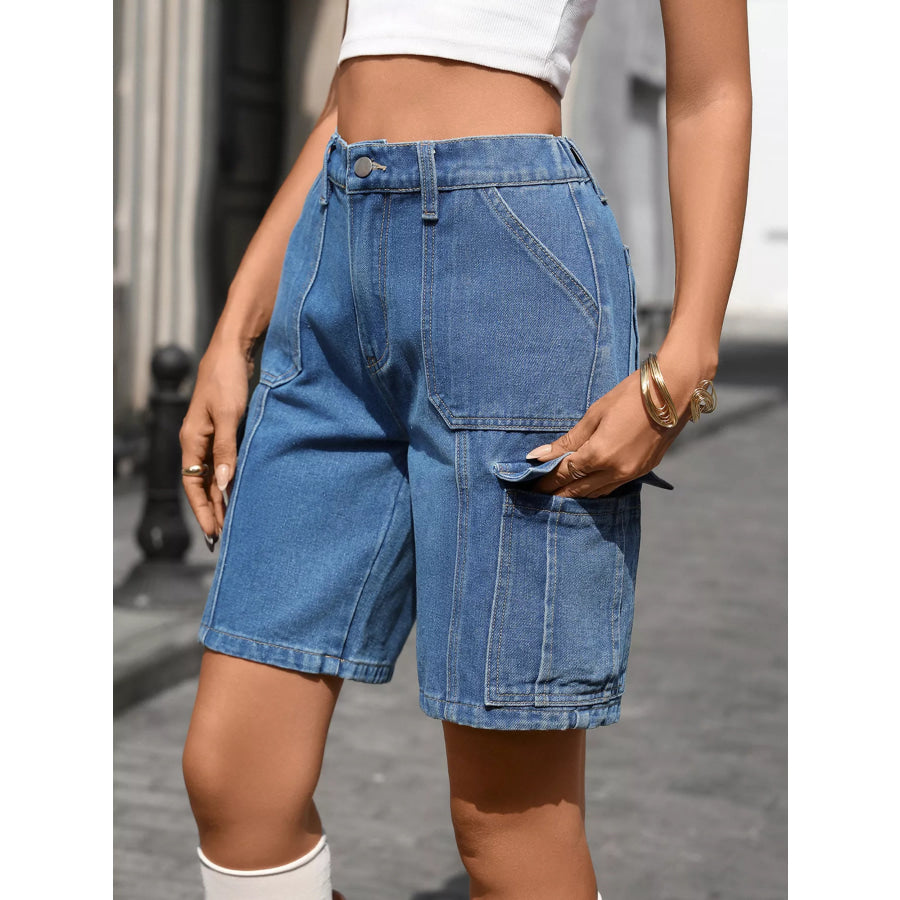 High-Waisted Wash Denim Shorts Apparel and Accessories
