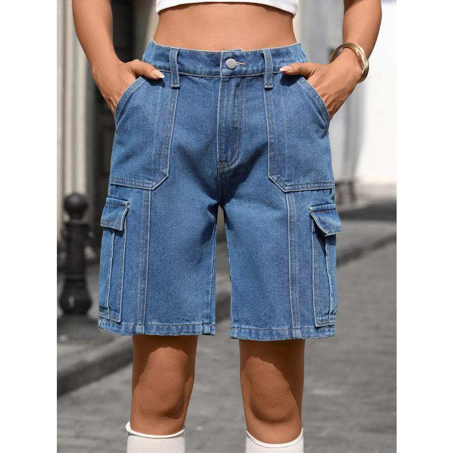 High-Waisted Wash Denim Shorts Apparel and Accessories