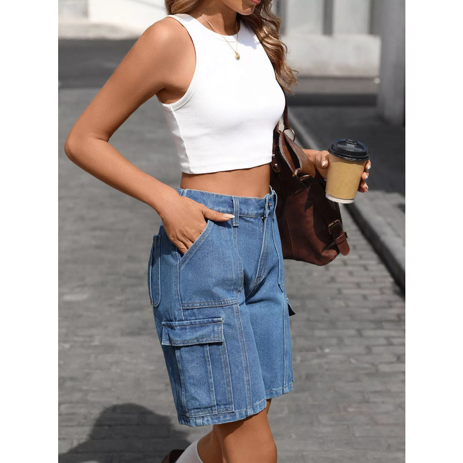 High-Waisted Wash Denim Shorts Apparel and Accessories