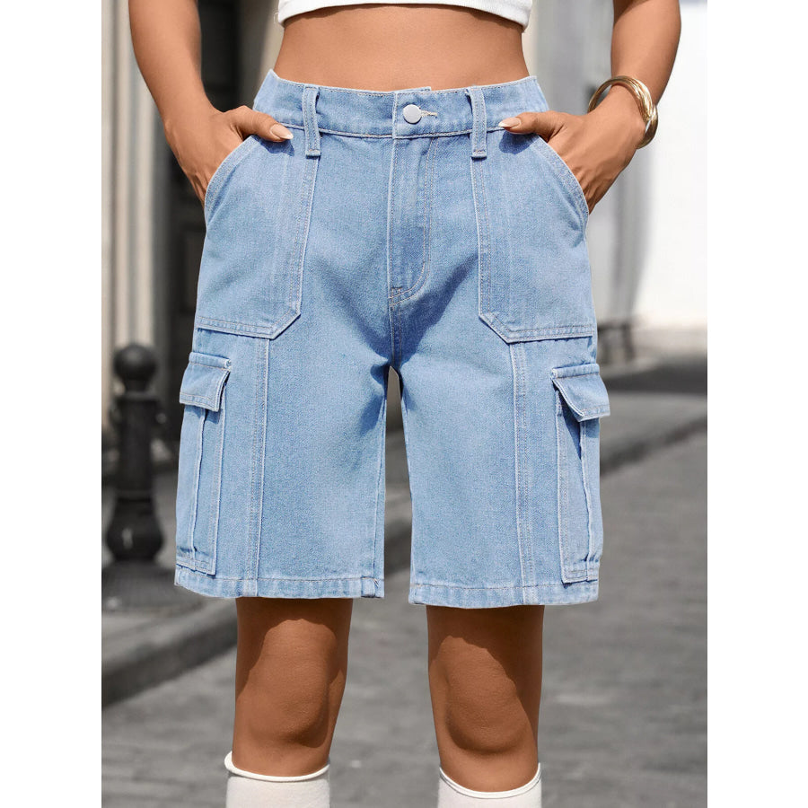High-Waisted Wash Denim Shorts Apparel and Accessories