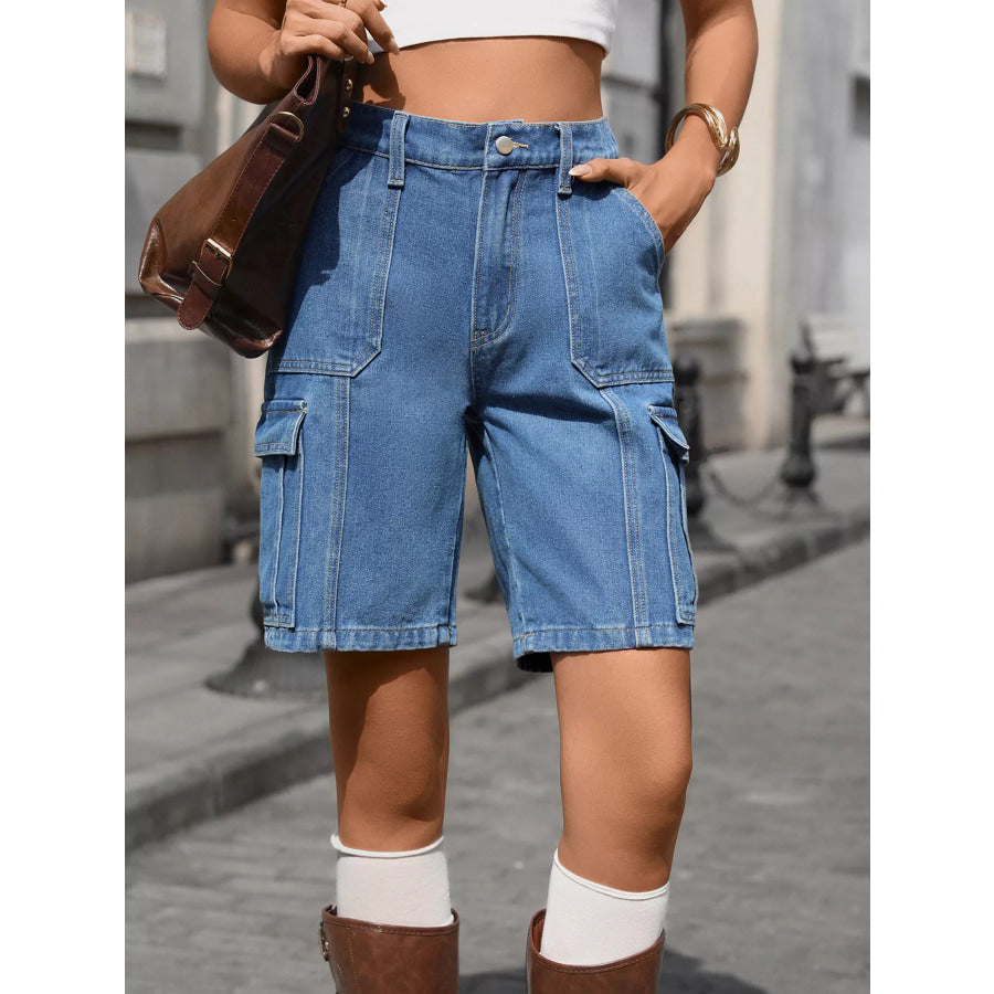 High-Waisted Wash Denim Shorts Dusty Blue / S Apparel and Accessories