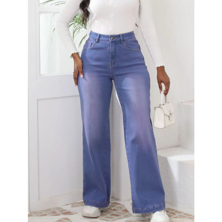 High-Waisted Washed Wide-Leg Jeans Apparel and Accessories