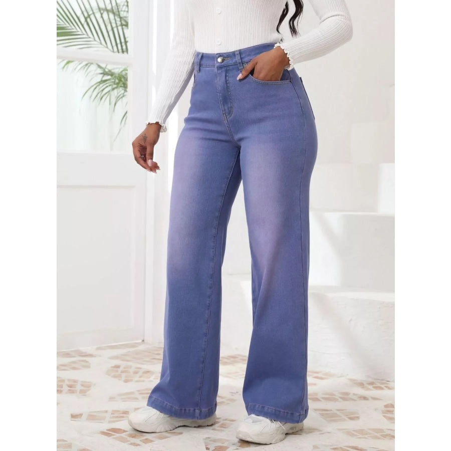 High-Waisted Washed Wide-Leg Jeans Apparel and Accessories