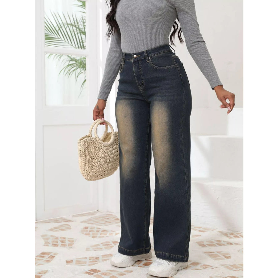 High-Waisted Washed Wide-Leg Jeans Apparel and Accessories