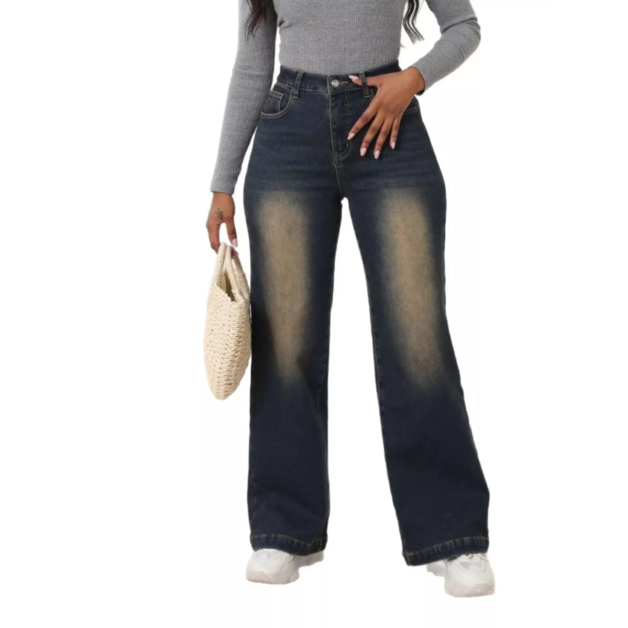 High-Waisted Washed Wide-Leg Jeans Apparel and Accessories