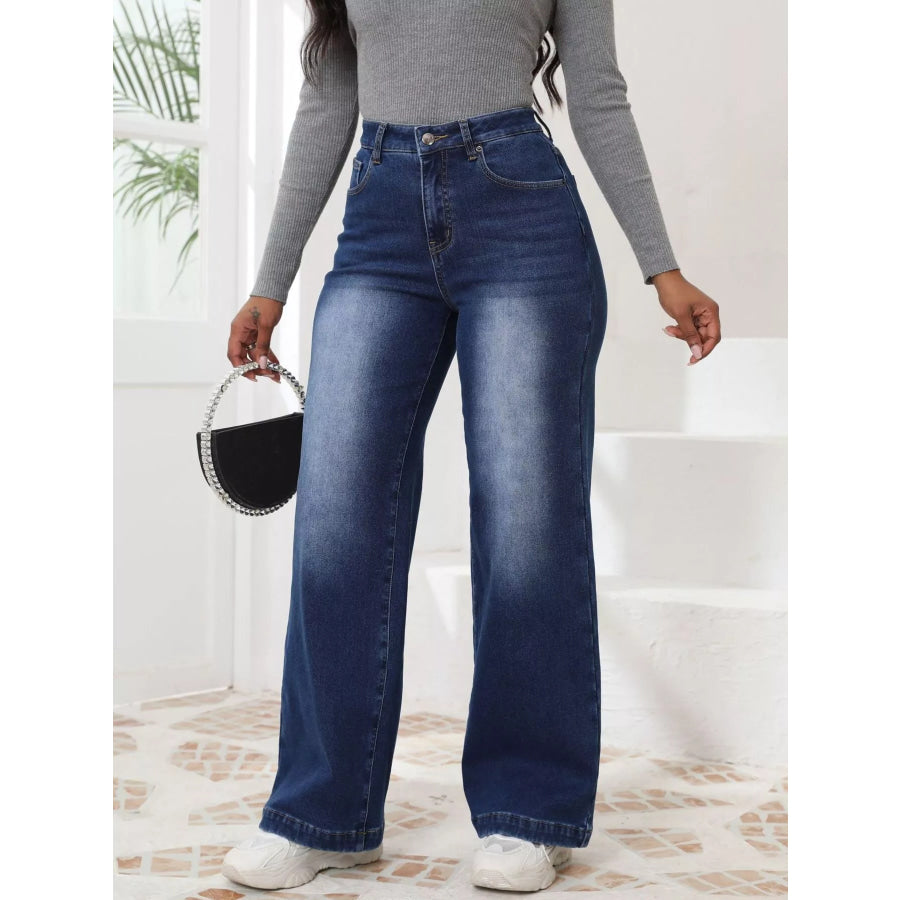 High-Waisted Washed Wide-Leg Jeans Apparel and Accessories
