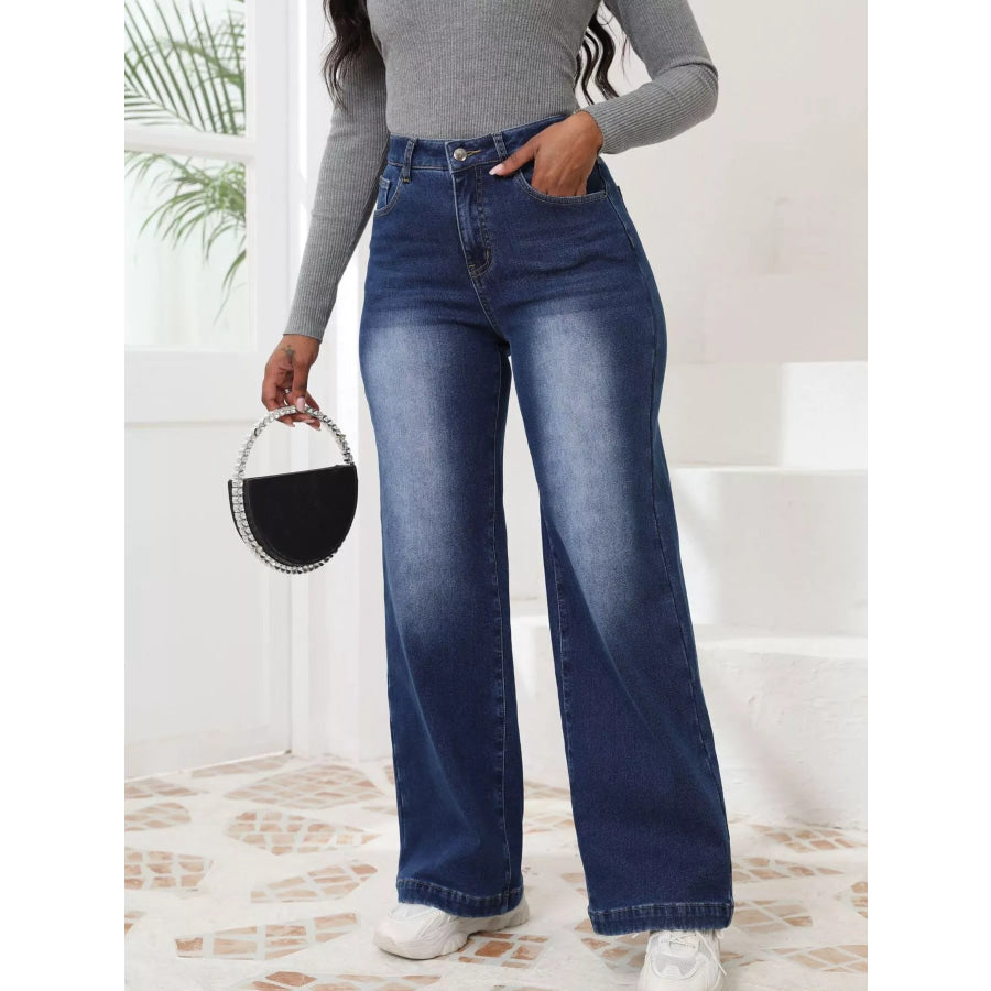 High-Waisted Washed Wide-Leg Jeans Dark Blue / S Apparel and Accessories