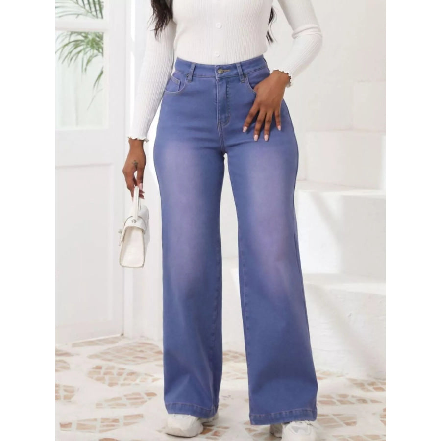 High-Waisted Washed Wide-Leg Jeans Light Blue / S Apparel and Accessories